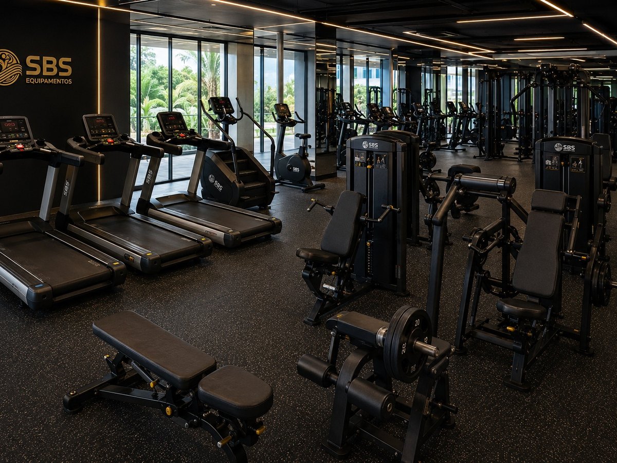 Academia de alta performance equipada com esteiras e estações de musculação SBS, com logo SBS Equipamentos na parede