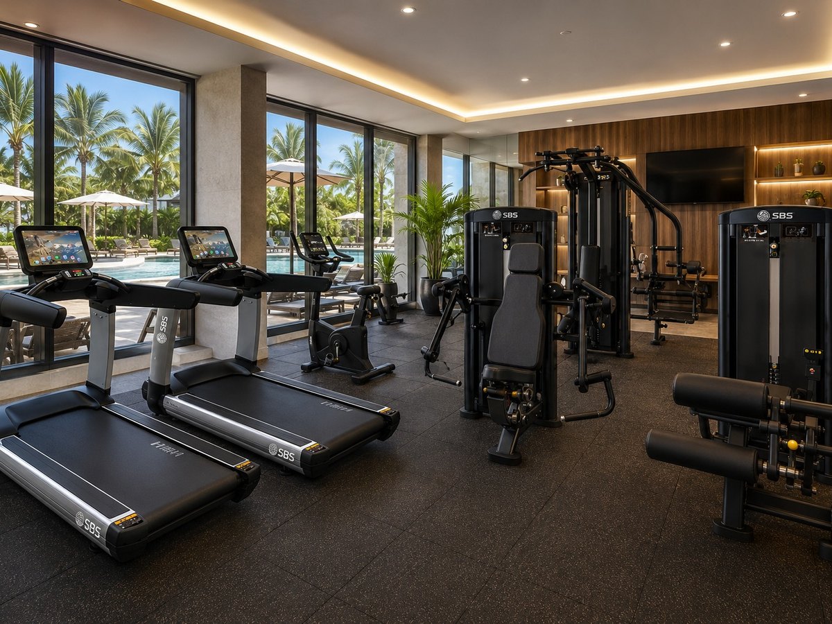 Fitness center de hotel com equipamentos SBS, vidro do piso ao teto e vista para a piscina e o jardim do resort